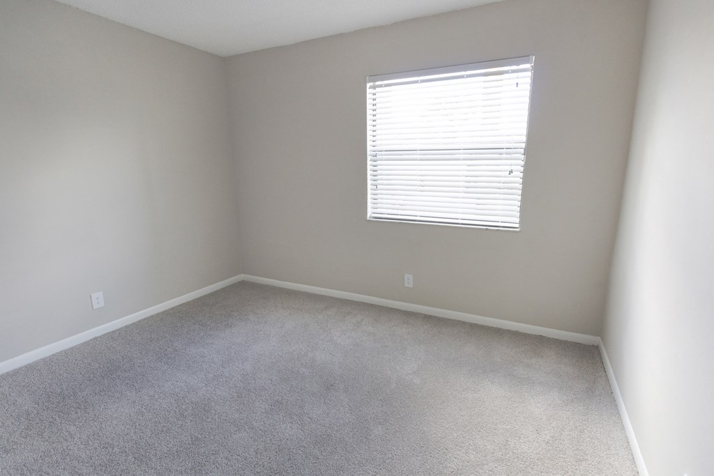 A room with a carpeted floor and a window with blinds.